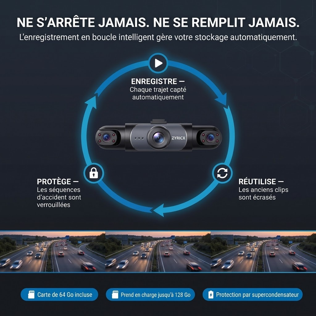 Enregistrement en boucle intelligent de la dashcam Zyricx
