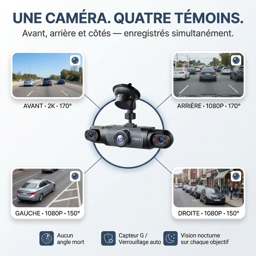 Dashcam Zyricx : 4 caméras, avant, arrière et côtés