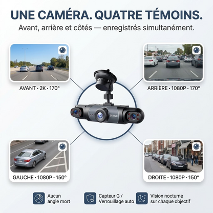 Dashcam Zyricx : 4 caméras, avant, arrière et côtés