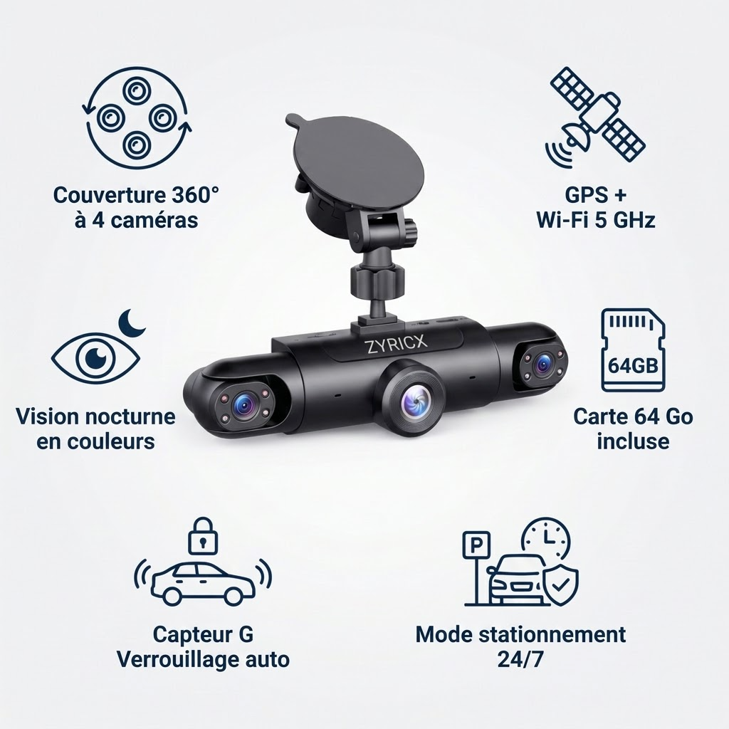 Fonctions de la dashcam Zyricx : 360°, GPS, vision nocturne, mode stationnement