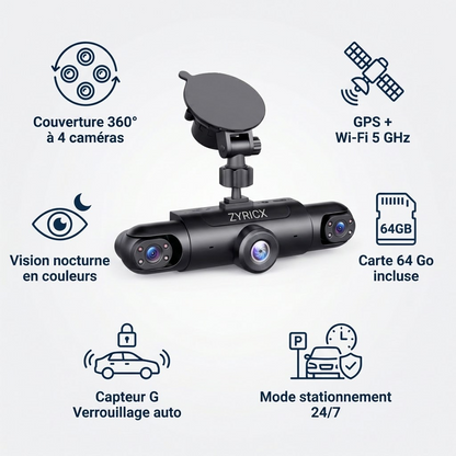 Fonctions de la dashcam Zyricx : 360°, GPS, vision nocturne, mode stationnement